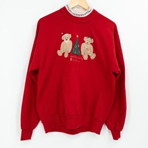 Vintage Folk Art Teddy Bear Christmas Sweatshirt Womens L Red Granny Cottage Fun